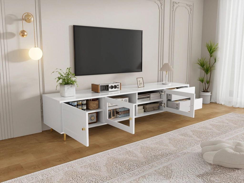 Mobile TV basso moderno con 2 cassetti, 2 ante in vetro e 1 anta, ampio spazio contenitore, bianco, 170¡Á40¡Á28 cm