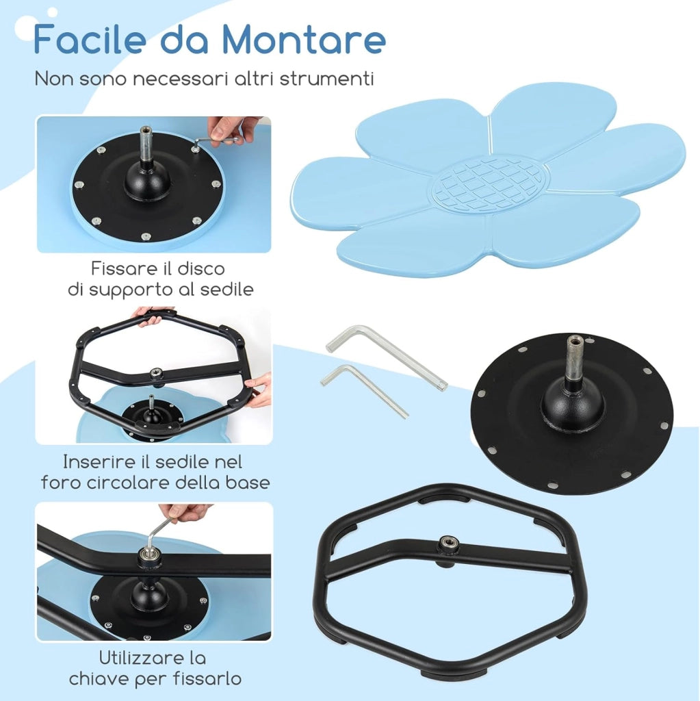 Sedia Girevole a 360° per Bambini, Sedia Sensoriale con Base in Metallo Antiscivolo per Allenare la Coordinazione Fisica e l'Equilibrio, Giocattolo per Cameretta (Blu,Fiore)