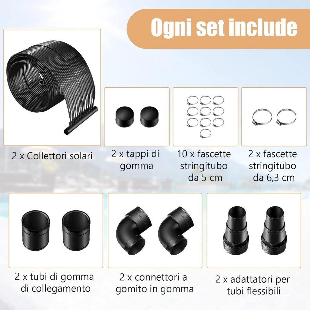 Riscaldatore Solare per Piscina, 2 PCS 500 x 75/600x75 cm Pannelli Solari in PE Resistente alle Intemperie e Assorbimento Efficiente, per 21500/25800 L Piscina Interrata e Fuori Terra (5m)