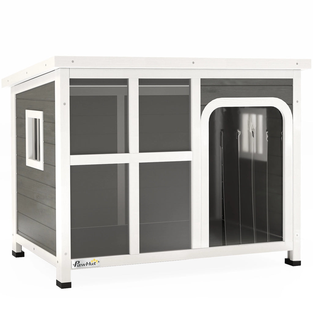 Casetta per Cani con Finestrelle e Ingresso a Tenda, in Legno di Abete, 90x62x71 cm, Grigio Chiaro