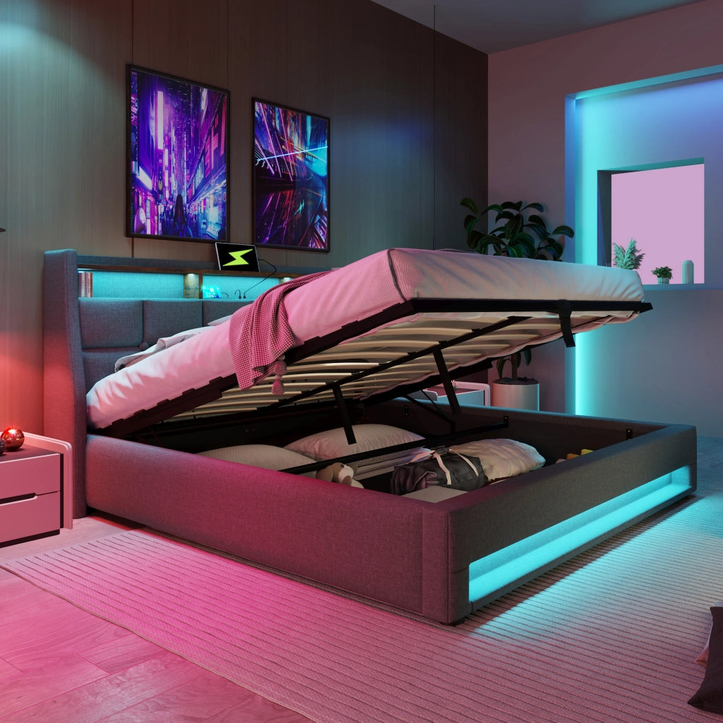Letto matrimoniale 140 × 200 cm con LED, USB, contenitore, con materasso, in lino, grigio
