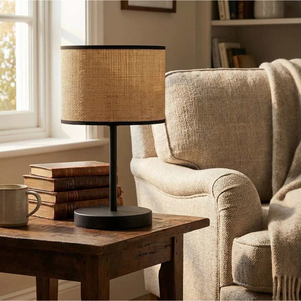 Lampada da tavolo ECO in acciaio nero e rattan