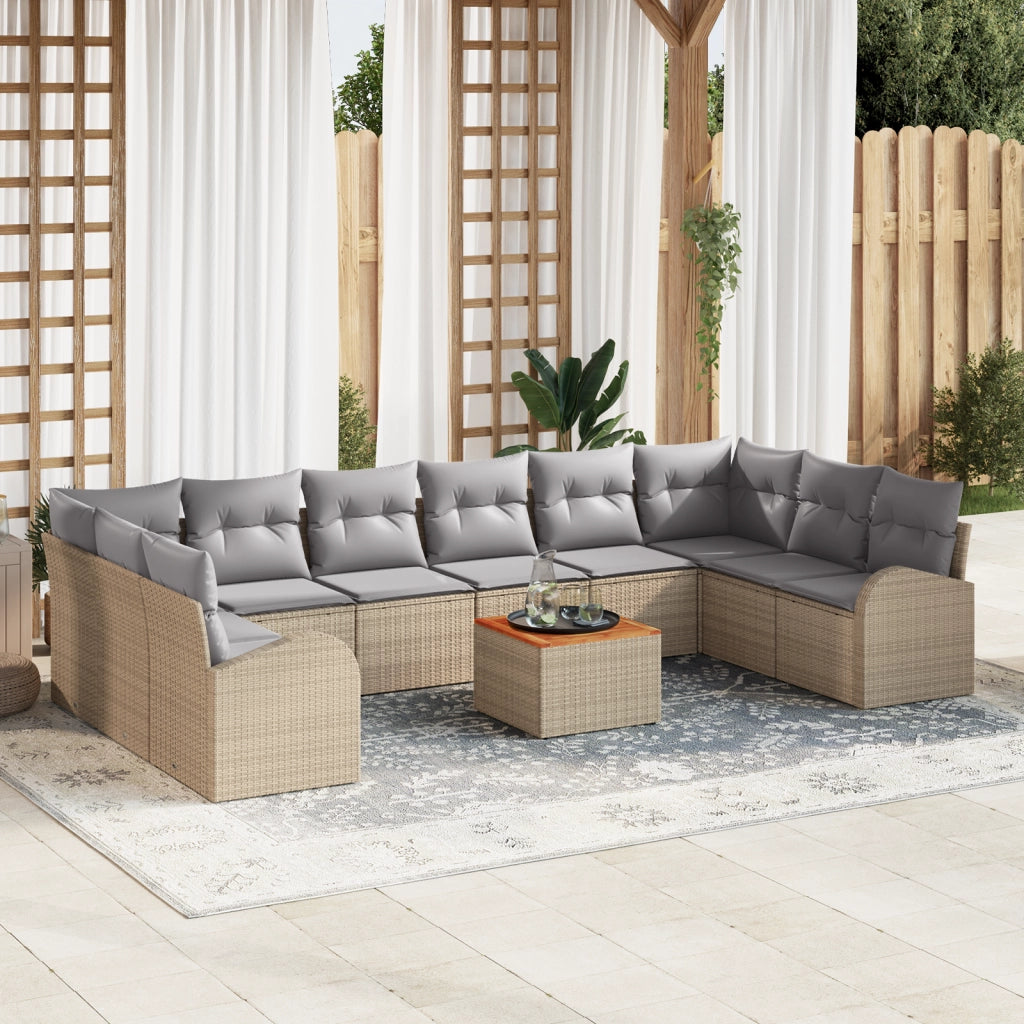 Set di divani da giardino da 11 pezzi con cuscini beige in polyrattan e acacia