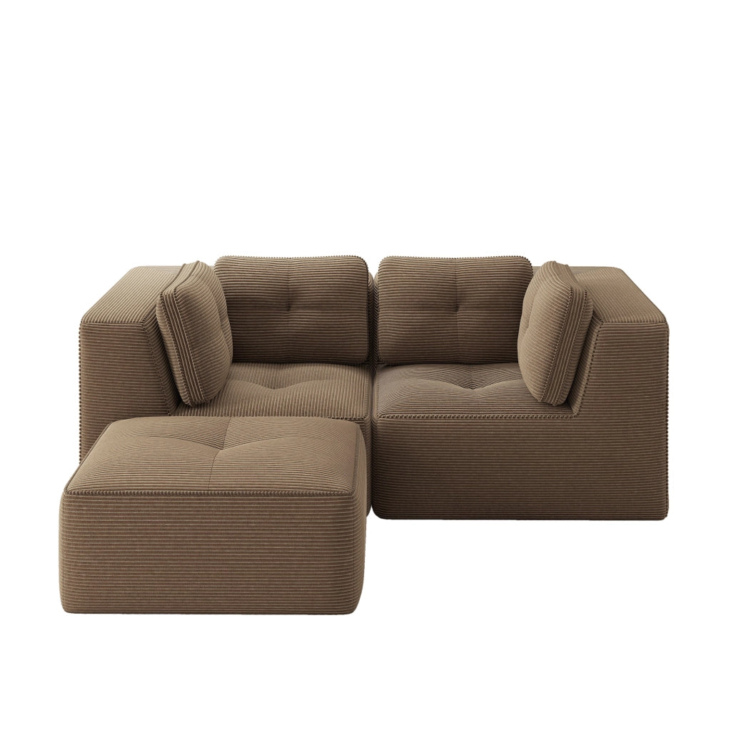 Divano angolare modulare 208x177x69 cm in velluto a coste marrone; con pouf mobile