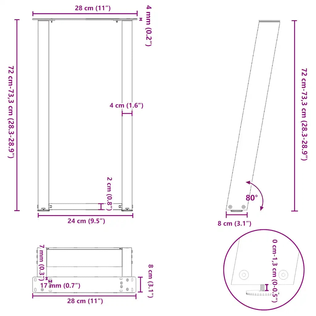 Gambe per Tavolo Consolle a Forma di U 2 pz Nere 28x(72-73) cm Acciaio
