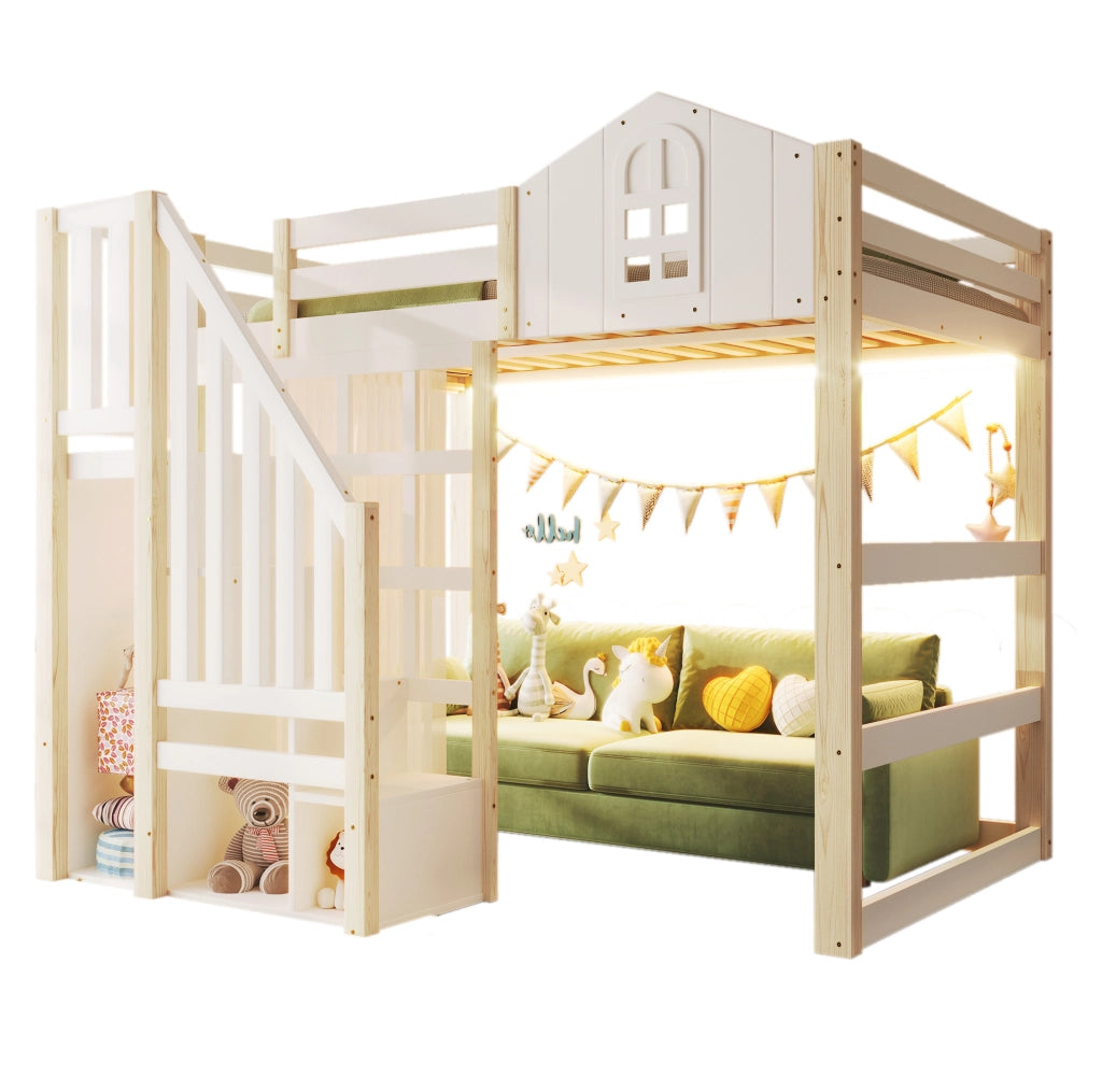 Letto a castello 140x200 cm con LED, scala contenitore e spazio privato