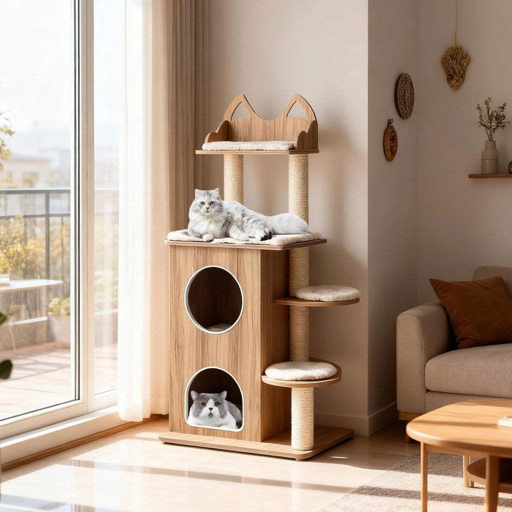Albero per Gatti in Legno, Tiragraffi per Gatti per Interno con Condominio a 2 Piani, Piattaforma Superiore a Forma di Testa di Gatto, Posti per Grattare in Sisal e 3 Piattaforme con Cuscini