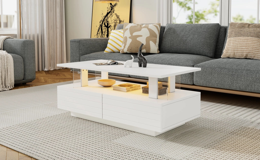 TAVOLO da caffè LED 100x50x42 cm Bianco in pannello di legno e acrilico