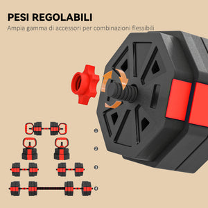 Set Pesi Palestra 4 in 1 30kg Manubri Bilanciere Kettlebell Rosso