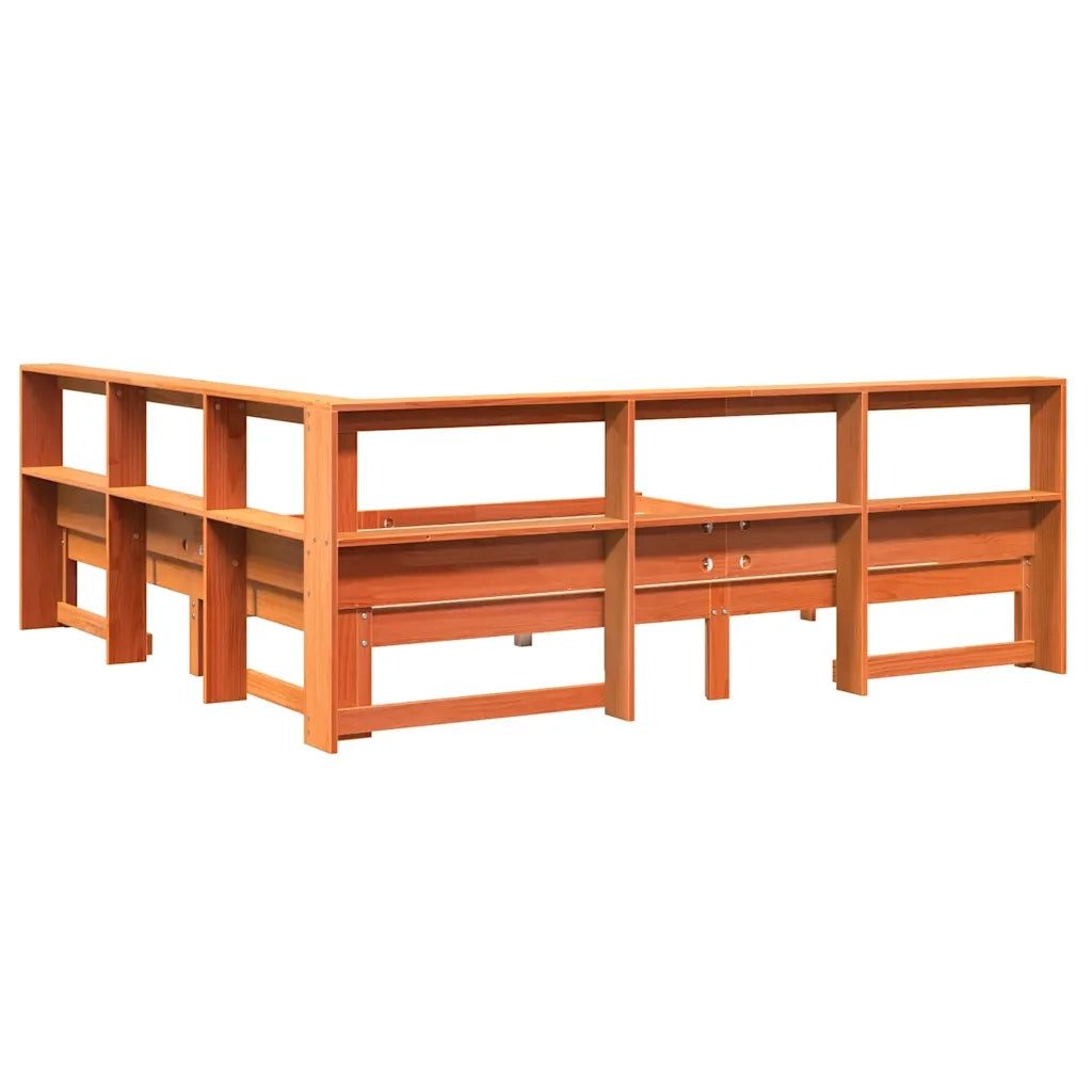 Letto Libreria senza Materasso-Struttura Letto con contenitore Marrone Cera 200x200 cm in Pino 544691