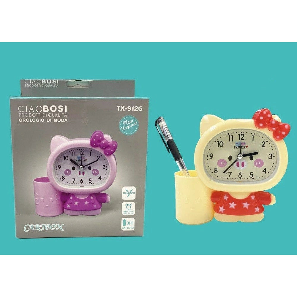 Trade Shop - Orologio Analogico Sveglia A Forma Di Gattino Da Tavolo Con Portapenne Tx-9126 -