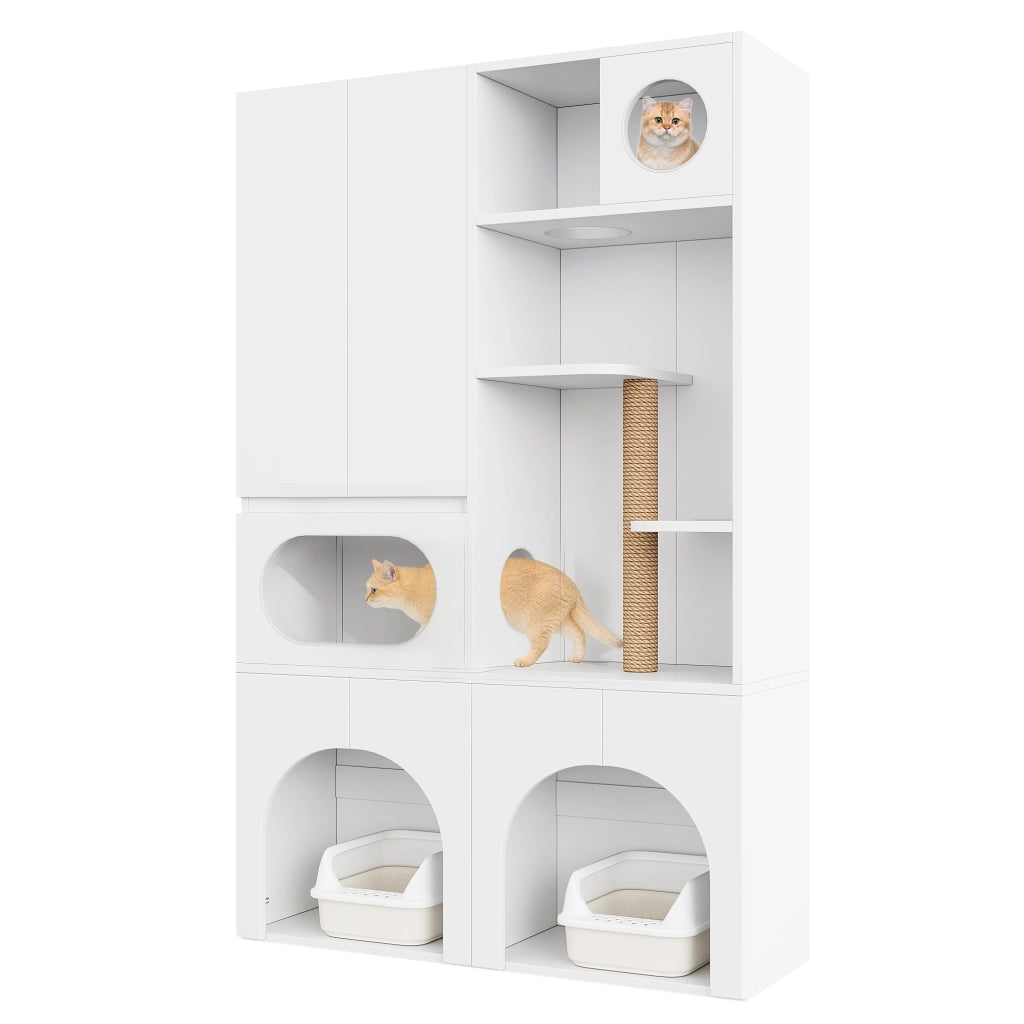 Mobile coperto per lettiera per gatti con tiragraffi e ripiani, per gatti e cani, in MDF, bianco, 140 × 45 × 195 cm