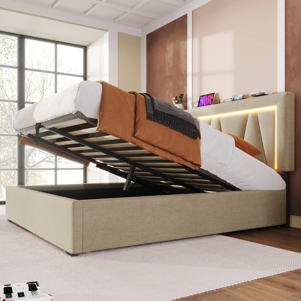 Letto matrimoniale 160x200 cm in lino beige con LED; USB e porta Type-C; contenitore