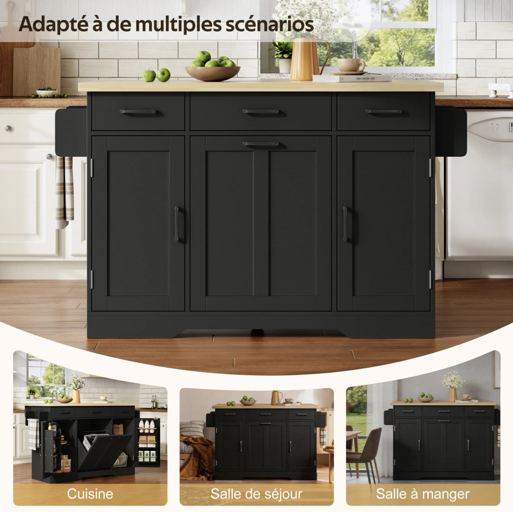 Isola cucina con piano ribaltabile 120x70x87 cm in MDF nero; carrello con ruote e porta spezie