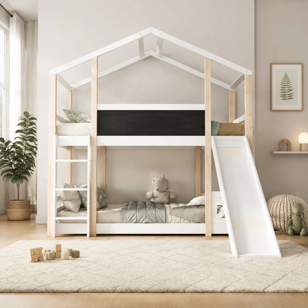 Letto a castello per bambini 90x200 cm con scivolo, scala e rete a doghe in legno massello bianco