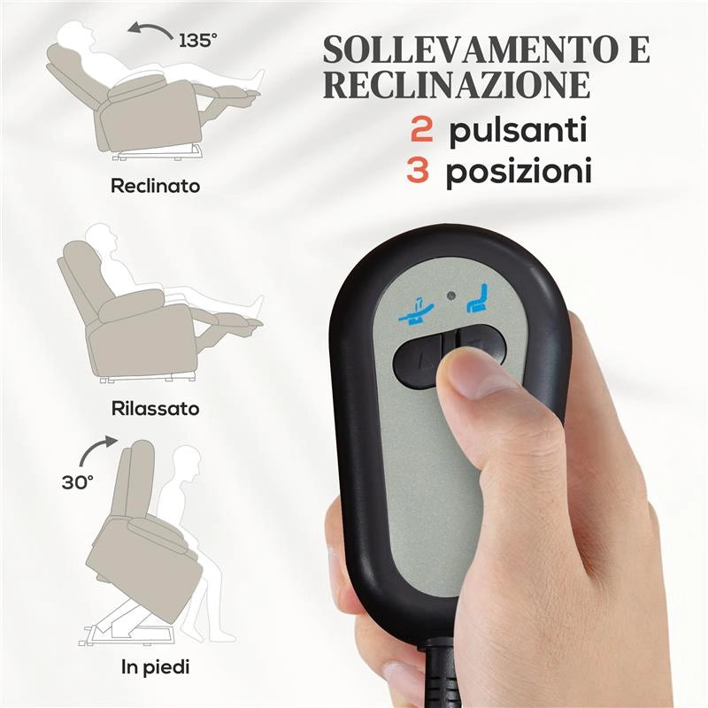 POLTRONA ALZAPERSONA ELETTRICA RECLINABILE CON TELECOMANDO E TASCA IN TESSUTO BEIGE