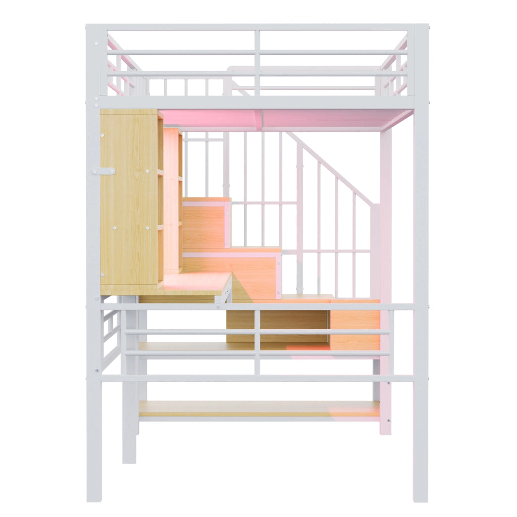 Letto a soppalco 90x200 cm con scrivania, scala contenitore e LED bianco