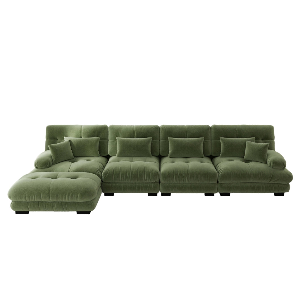 Divano modulare 4 posti con ottomane mobili; configurazione angolare o lineare; chenille verde