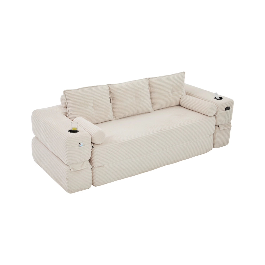 Divano letto modulare a 3 posti con tasche e portabicchieri in tessuto a coste beige