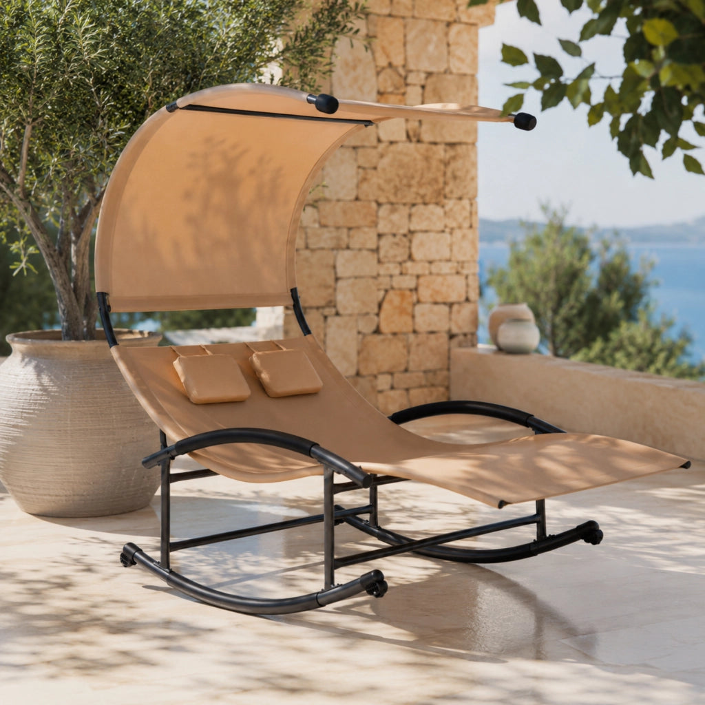 Lettino 2 Posti Dondolo Con Parasole Integrato Ideale Per Giardino Piscina Outdoor Design Ergonomico In Textilene Traspirante Struttura In Acciaio E Cuscini Inclusi 140x200x185 Cm Beige