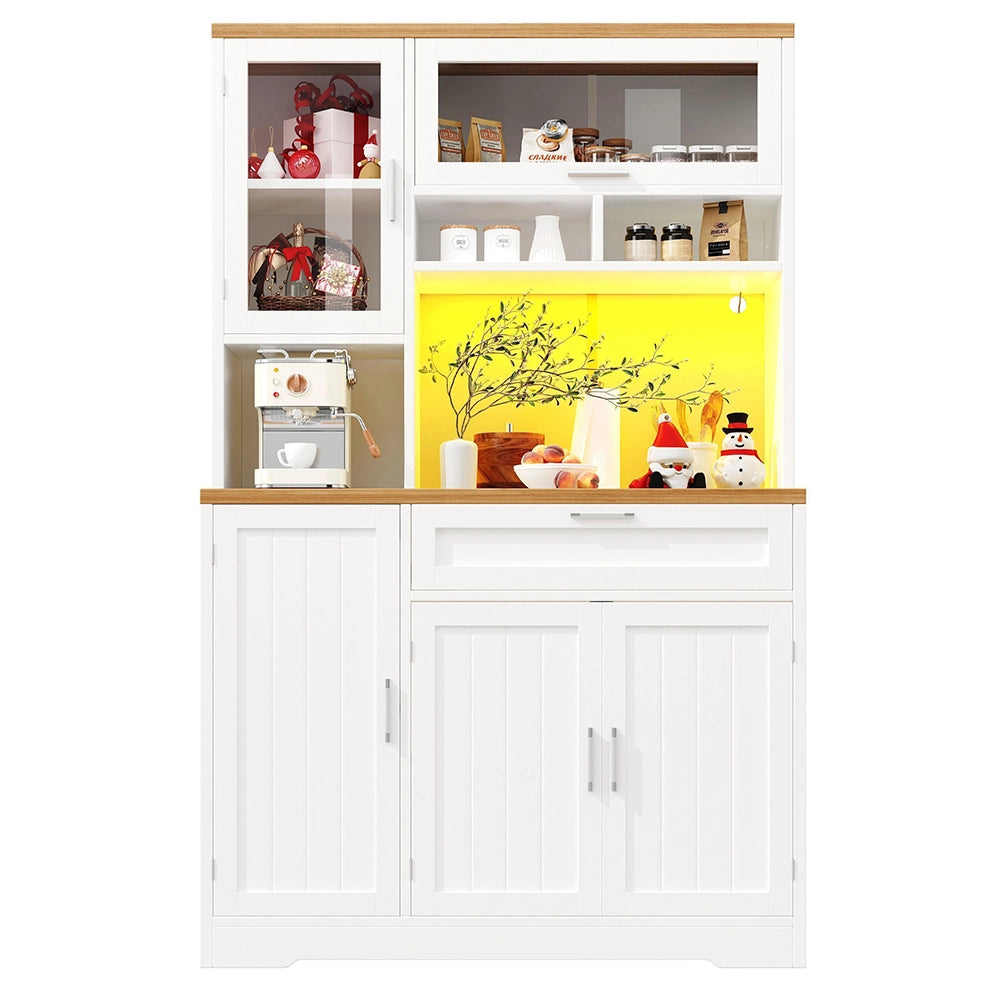 Armadio da cucina alto con vetrina - Xylo - 104x40x180 cm - Bianco/Nero - Illuminazione LED per cucina e soggiorno