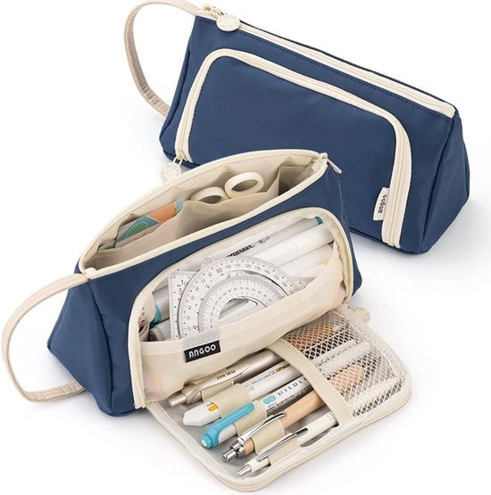 Etui per ragazze, etui per penne, grande capacità per adolescenti, etui per scuola e ufficio (crème-donkerblauw)
