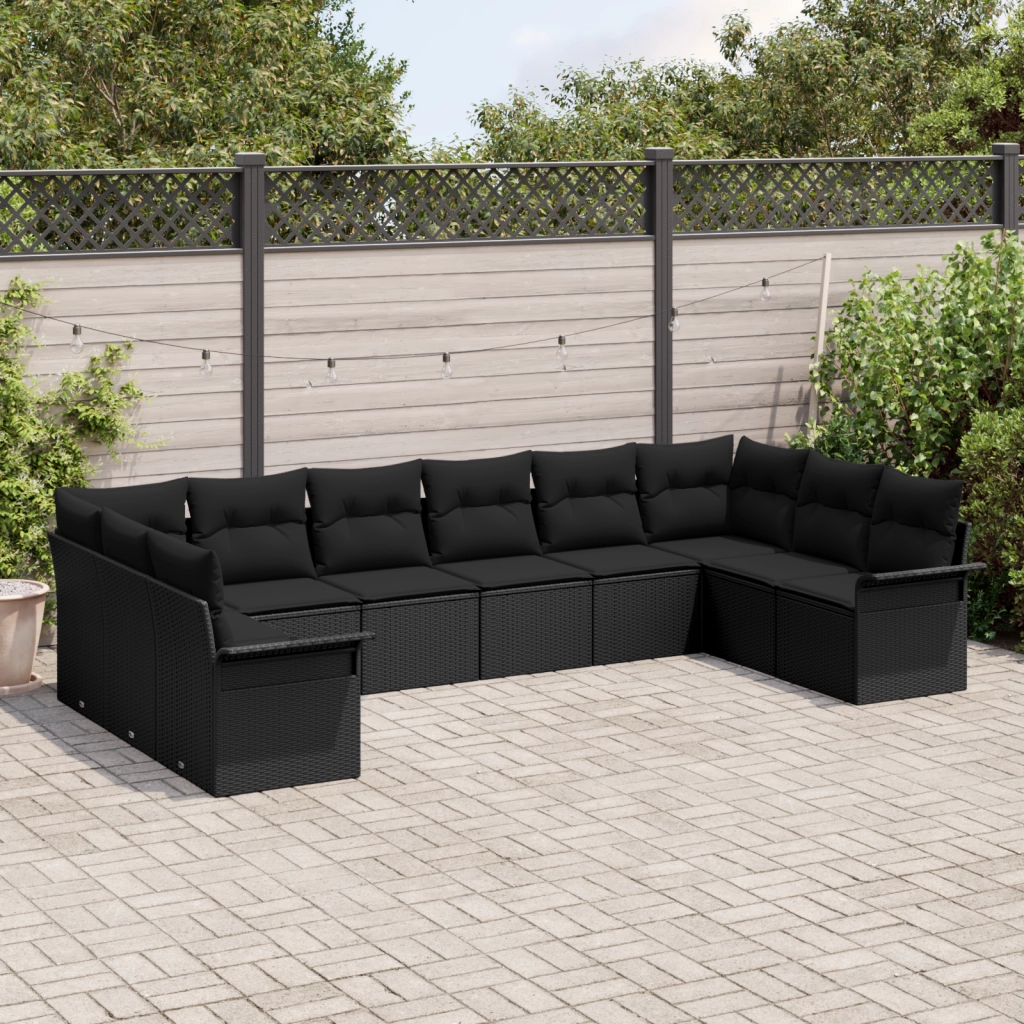 Set Divano da Giardino con Cuscini Nero Polyrattan