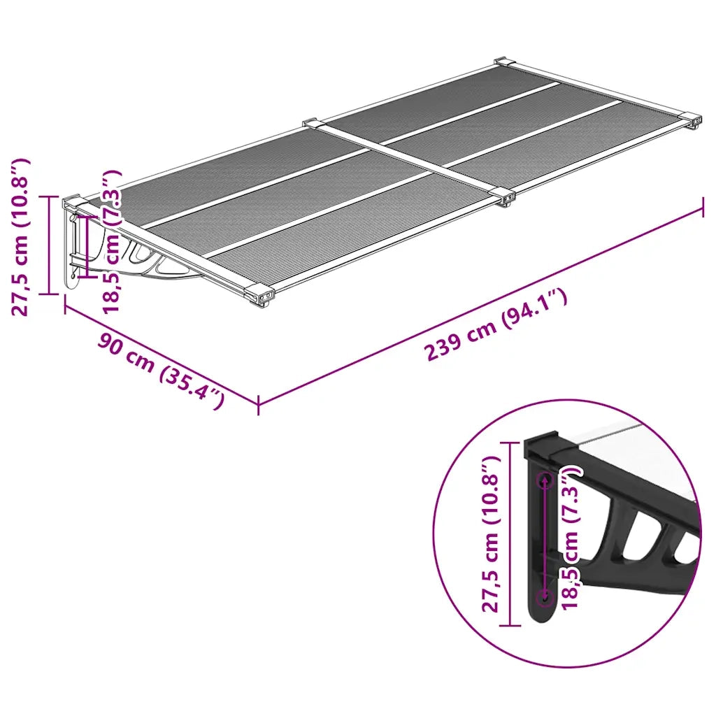 Tettoia per Porta Nero e Trasparente 239x90 cm in Policarbonato CFW9924144