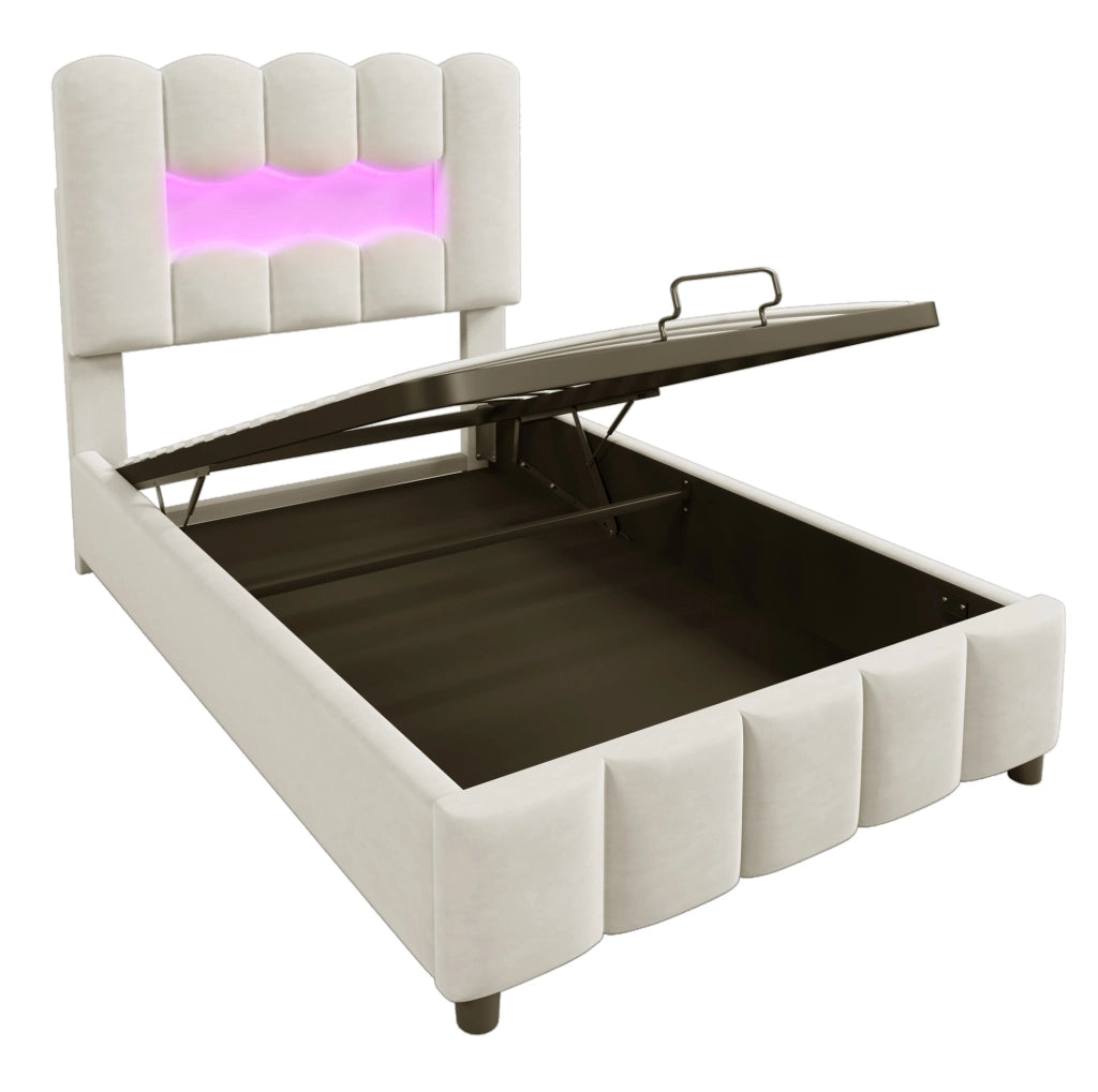 Letto imbottito 90x200 cm con contenitore idraulico; LED e testiera regolabile in velluto beige