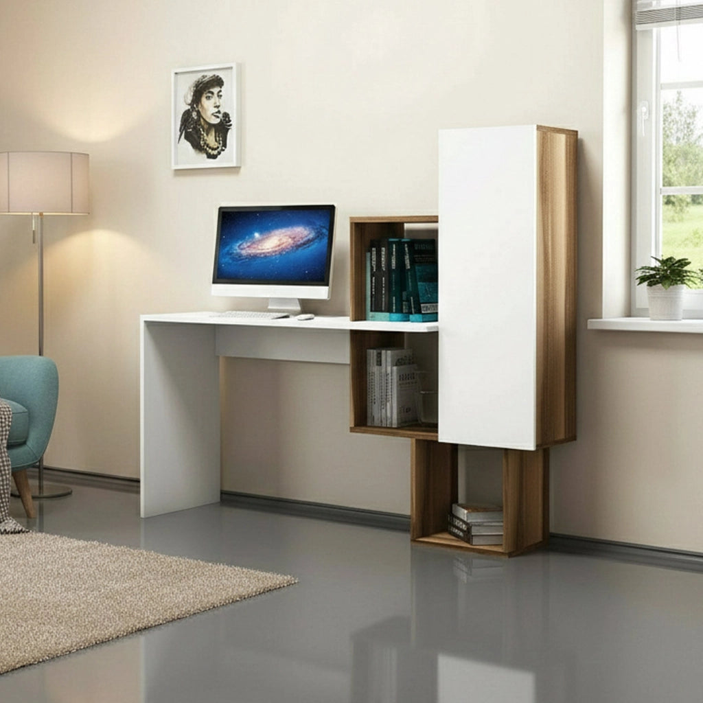 Scrivania Baselice, Scrittoio multiuso, Tavolo per ufficio porta PC, Piano di lavoro, 145x45h75 cm, Noce e Bianco