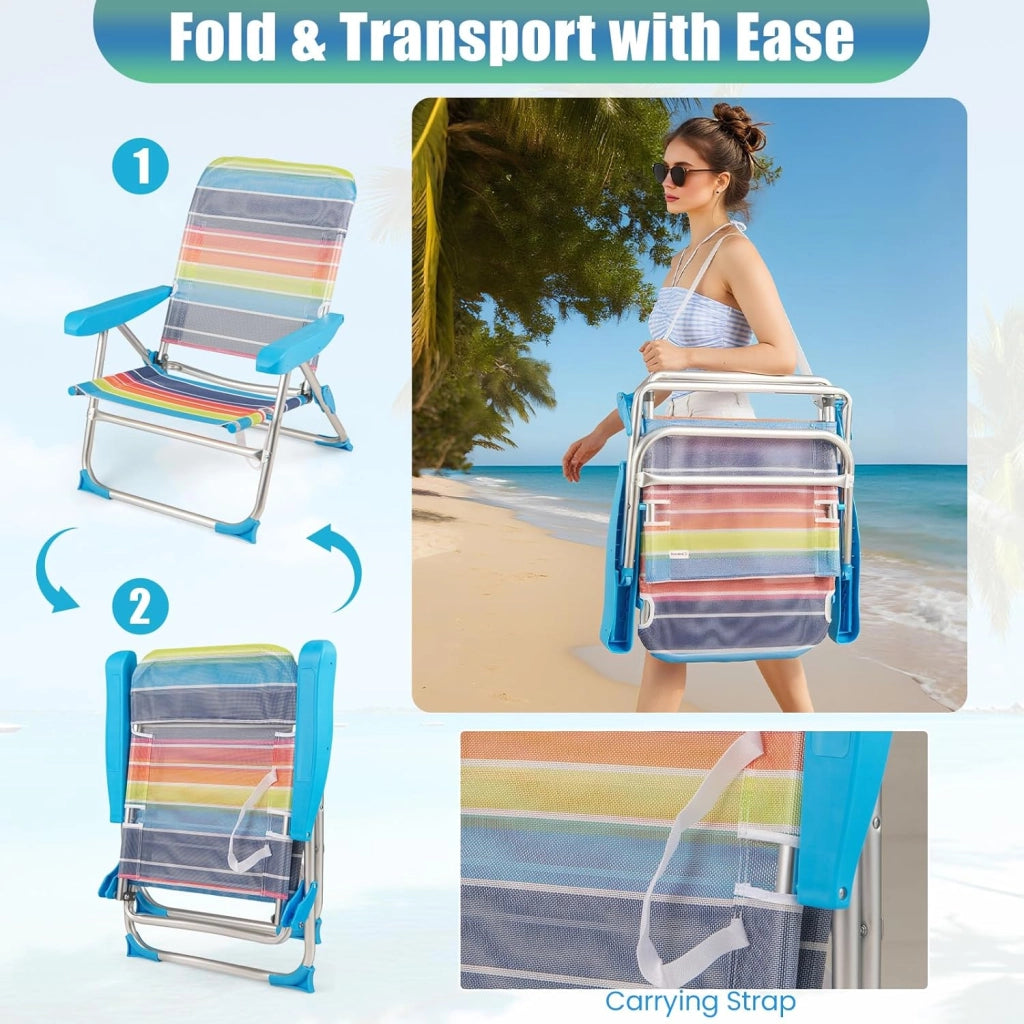 Set di 2 Sedie da Spiaggia Pieghevoli, Spiaggina con Schienale Regolabile in 5 Posizioni, Sdraio Reclinabile con Cinghia di Trasporto, Lettino Prendisole, Carico 150kg, Colorato (Medio)