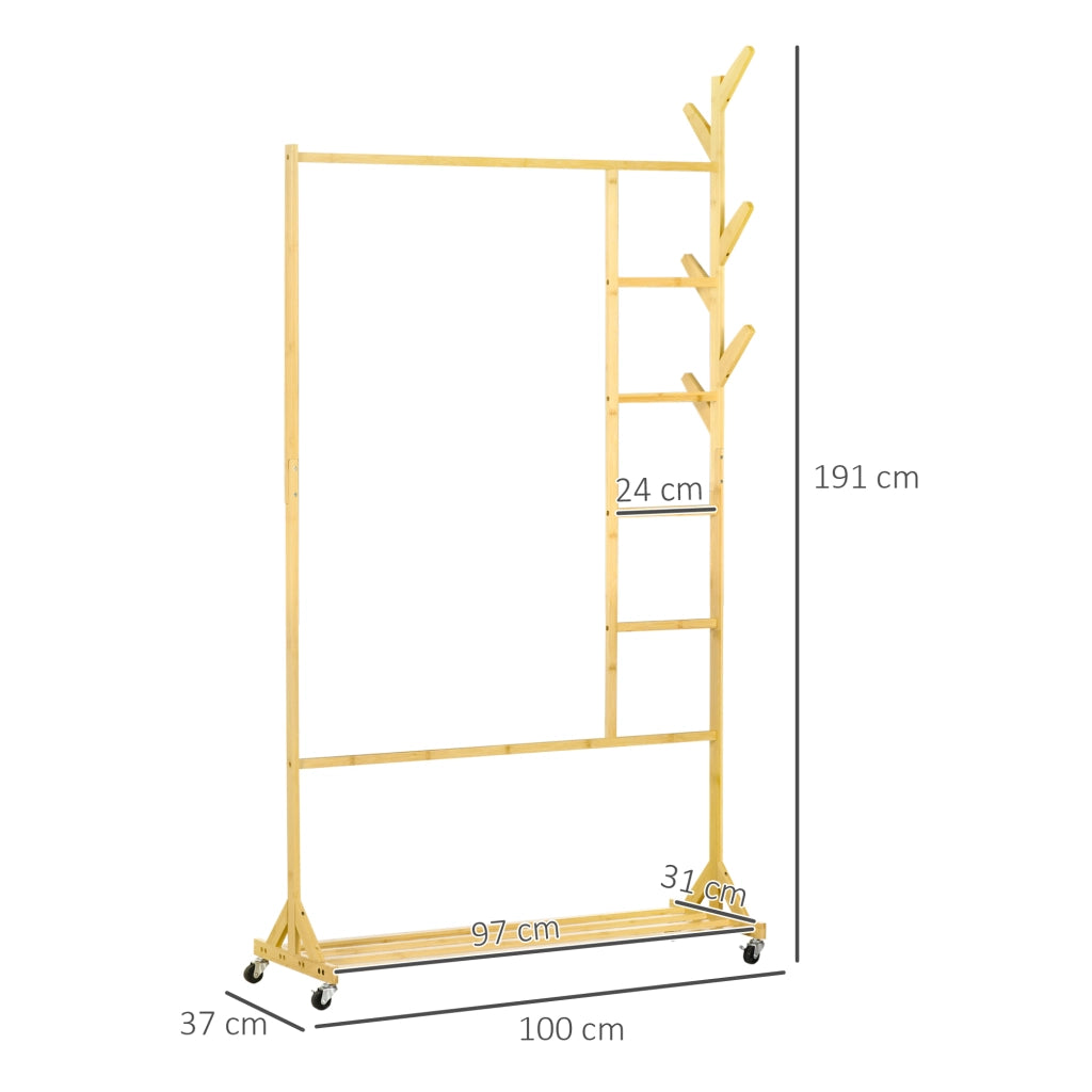 Appendiabiti Multifunzione con Ruote e Ripiano ¨C Zephmum ¨C Legno di Bamb¨´ Naturale 100x37x191 cm