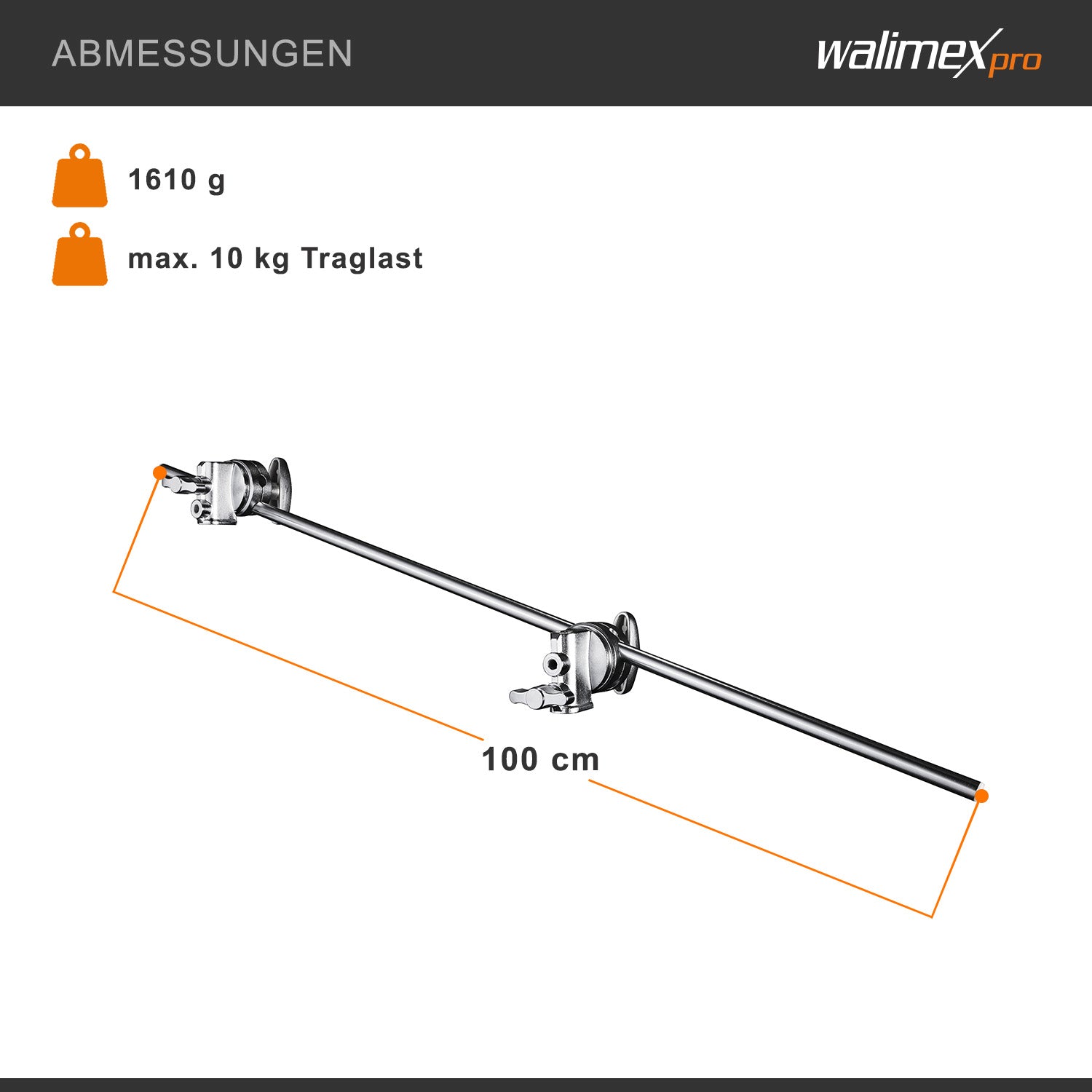 Braccio con 2 morsetti a vite, 100 cm - Ideale per luce incidente e testa, possibilità di applicazione versatile, braccio stabile, caricabile fino a 10 kg