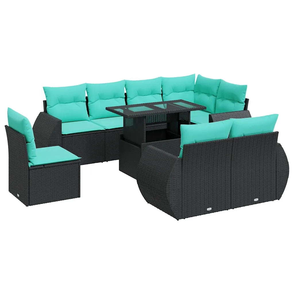 Set Divani da Giardino 9 pz con Cuscini Nero Polyrattan Acacia 3326658