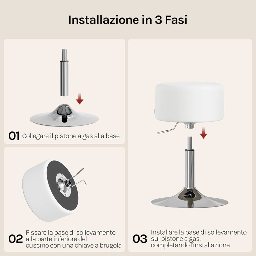 Sgabello da Trucco Rotondo Girevole Regolabile in Altezza, Sgabello Imbottito per Toeletta, Sedia da Cucina in Pelle Sintetica, Altezza Seduta 54-69 cm, Bianco, BH14ws-1