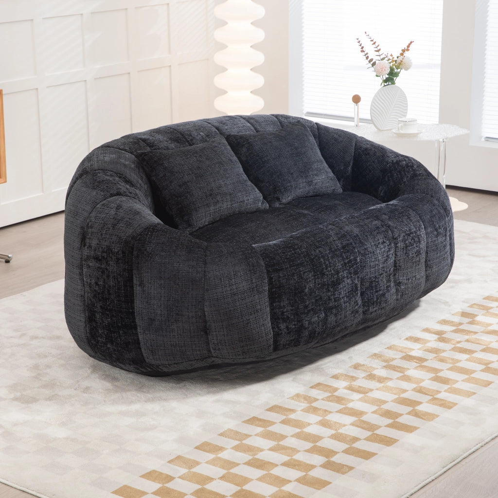 Divano da pavimento a 2 posti in ciniglia nera con braccioli e schiuma 150 × 95 × 63 cm