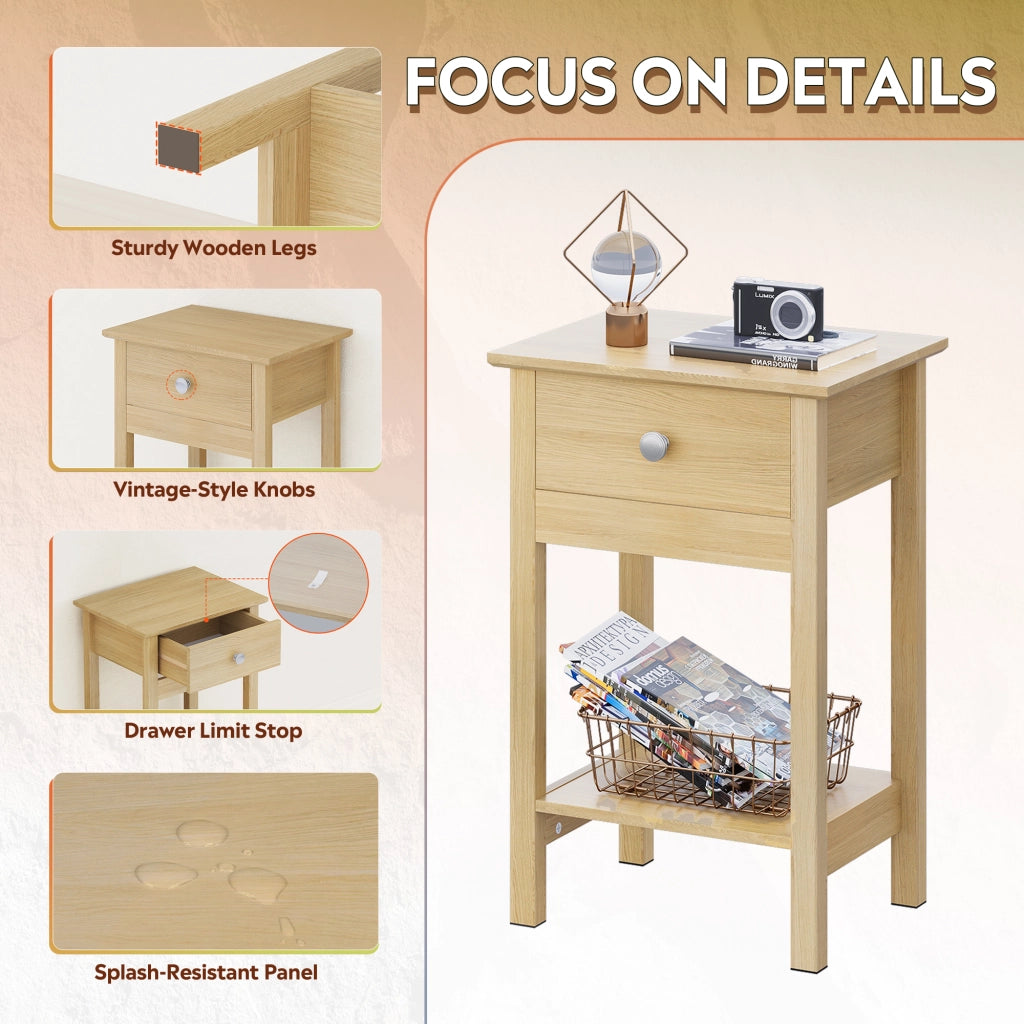 Comodino in Legno con Cassetto e Ripiano ¨C zephmum ¨C Rovere