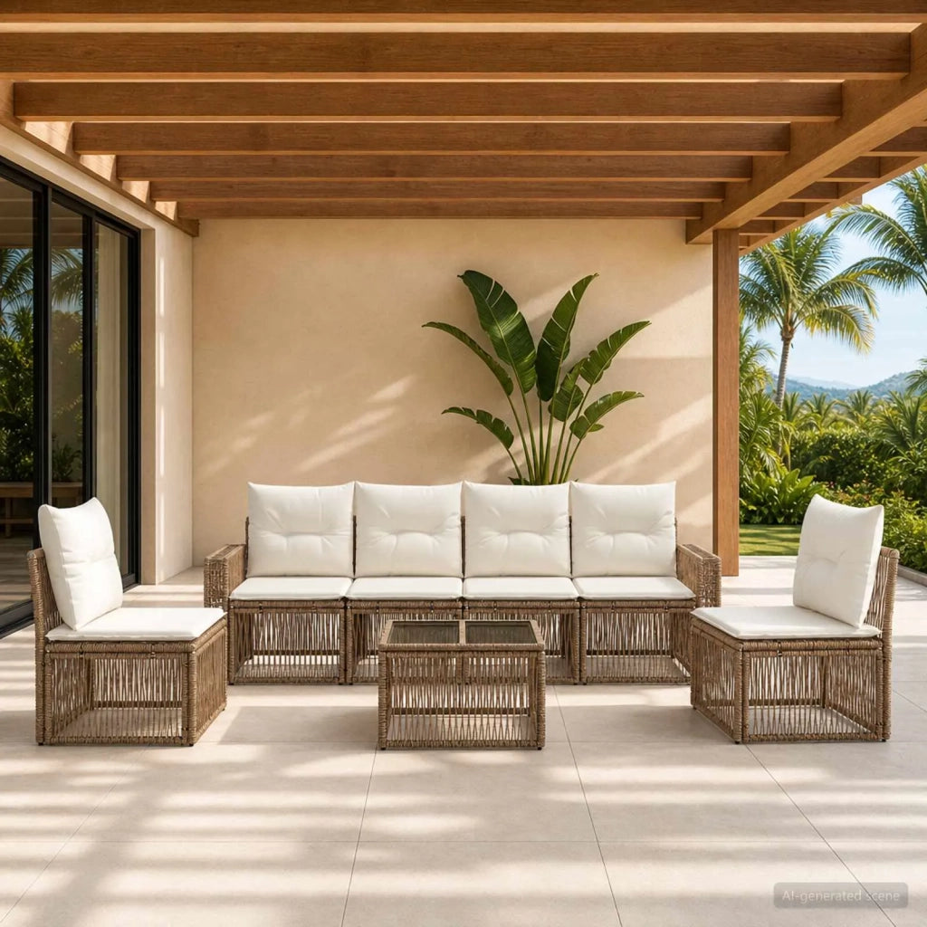 Set Divano da Giardino 7 pcs Beige e Bianco Crema polyrattan 3435090
