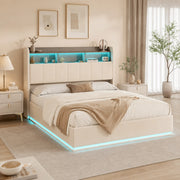 Letto matrimoniale contenitore idraulico 140x200 cm, rivestimento velluto beige, testiera con vani, LED RGB, porte USB‑A e USB‑C, capacità 350kg