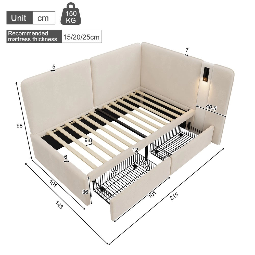 Letto Imbottito con Cassetti ¨C Xylo ¨C Velluto Beige 90x200 cm