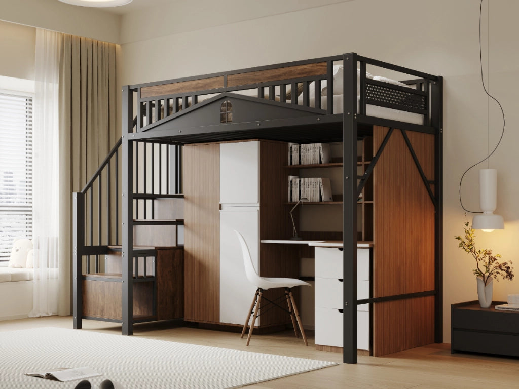 Letto a castello in metallo e legno nero 90x200 cm con recinzione di sicurezza e scala integrata