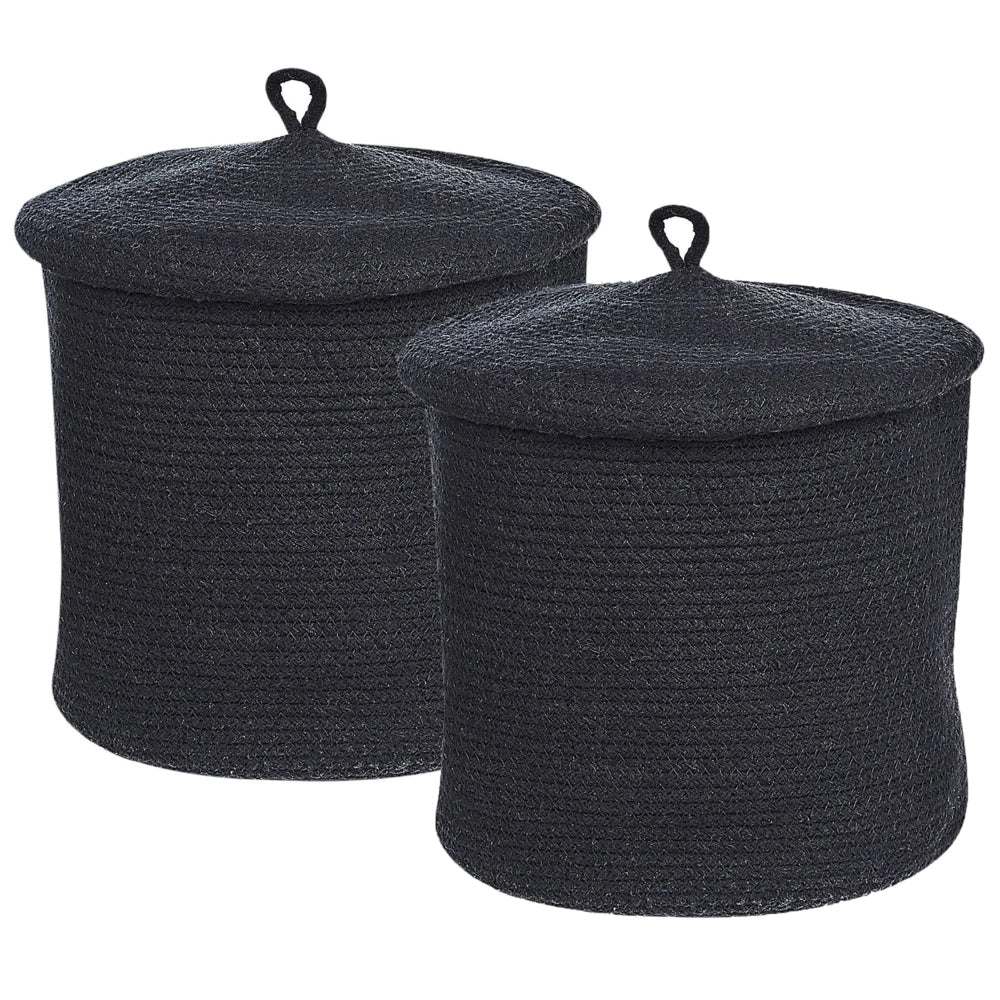 Set di 2 cestini in tessuto di cotone nero con strisce con coperchio boho accessori per la conservazione