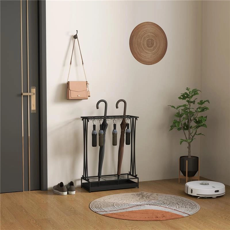 PORTAOMBRELLI CON VASCHETTA PER L'ACQUA 21 FORI E 24 GANCI PER OMBRELLO IN ACCIAIO 50X24X68 CM NERO