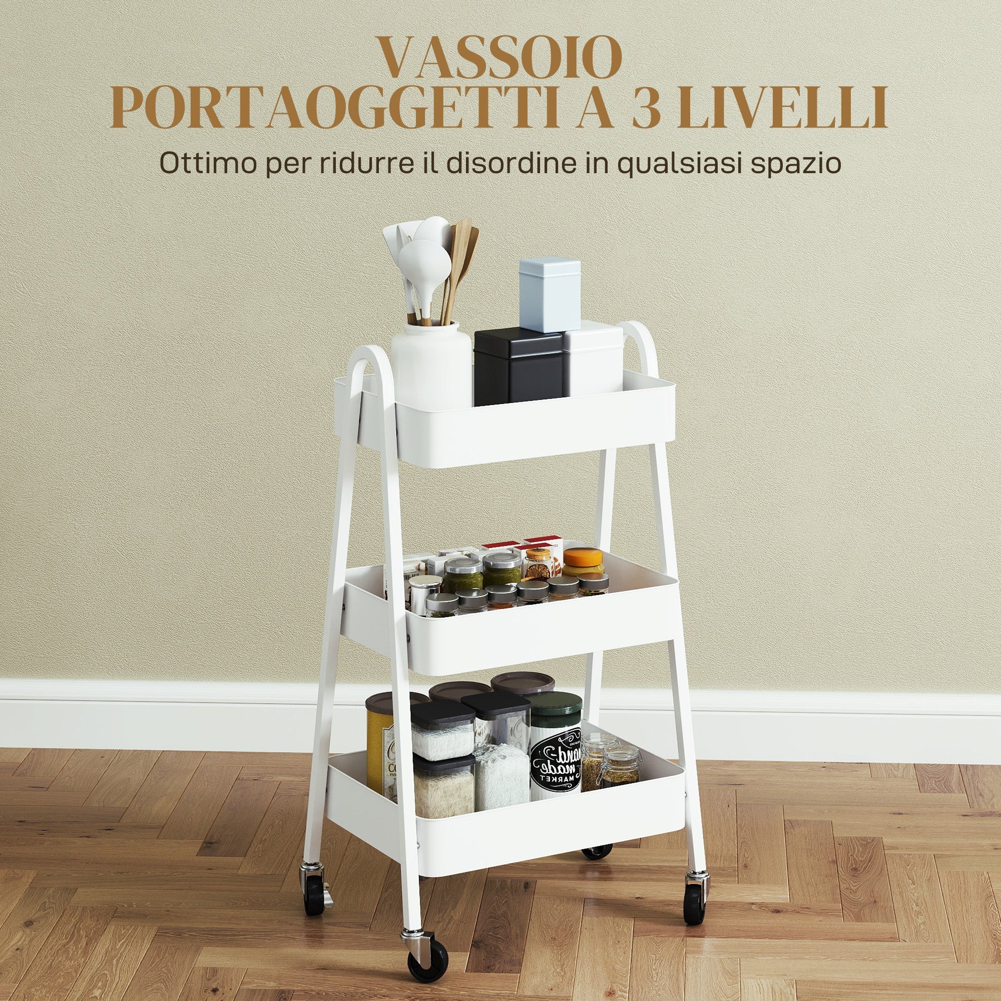 Carrello da Cucina Multiuso a 3 Livelli 42,4x29,8x74,5H cm con Ruote e Freno Bianco