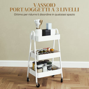 Carrello da Cucina Multiuso a 3 Livelli 42,4x29,8x74,5H cm con Ruote e Freno Bianco