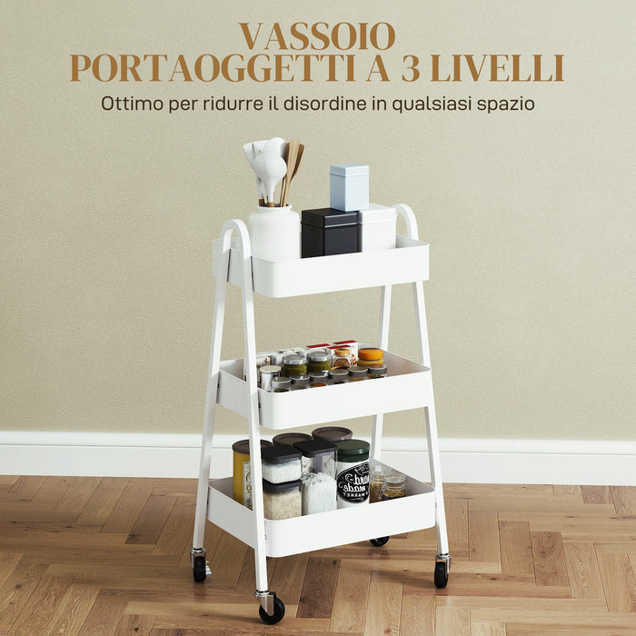 Carrello da Cucina Multiuso a 3 Livelli 42,4x29,8x74,5H cm con Ruote e Freno Bianco