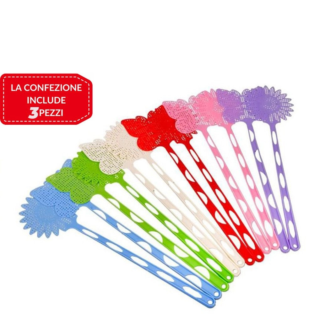 Trade Shop - 3 Pz Paletta Abbattimosche Abbatti Mosche Scaccia Insetti Colori Assortiti 43 Cm -