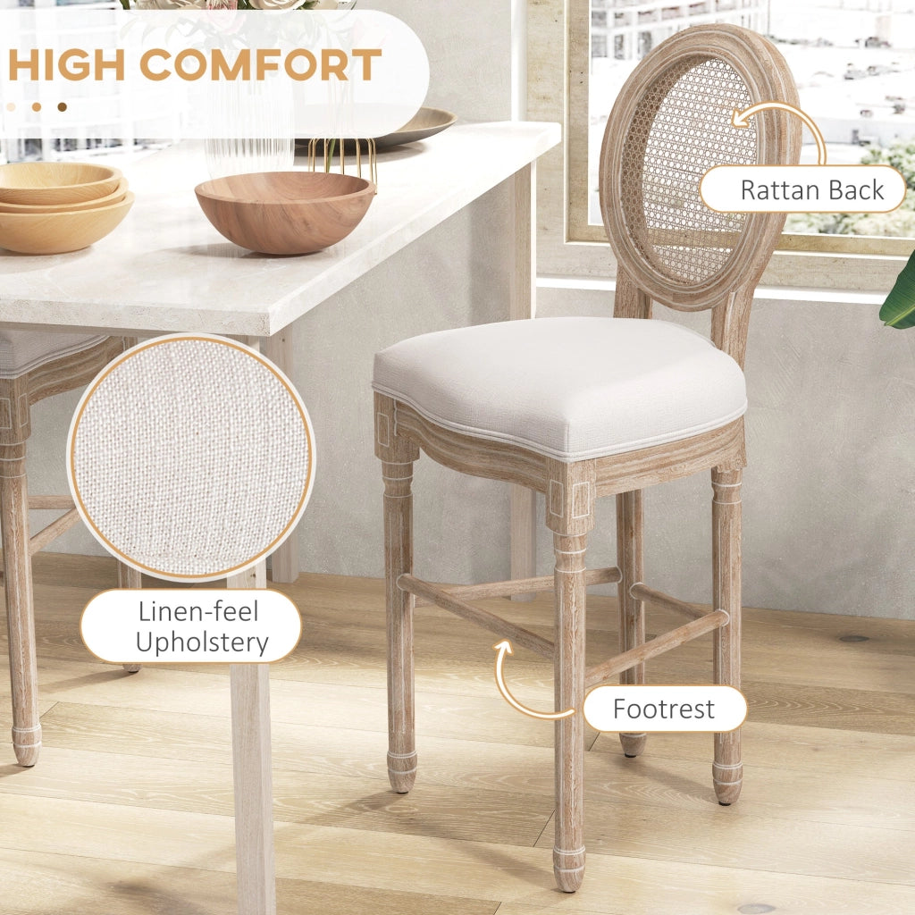 Set 2 Sgabelli da Bar con Schienale Cuscini e Poggiapiedi 48x56x118 cm in Legno e Poliestere Crema