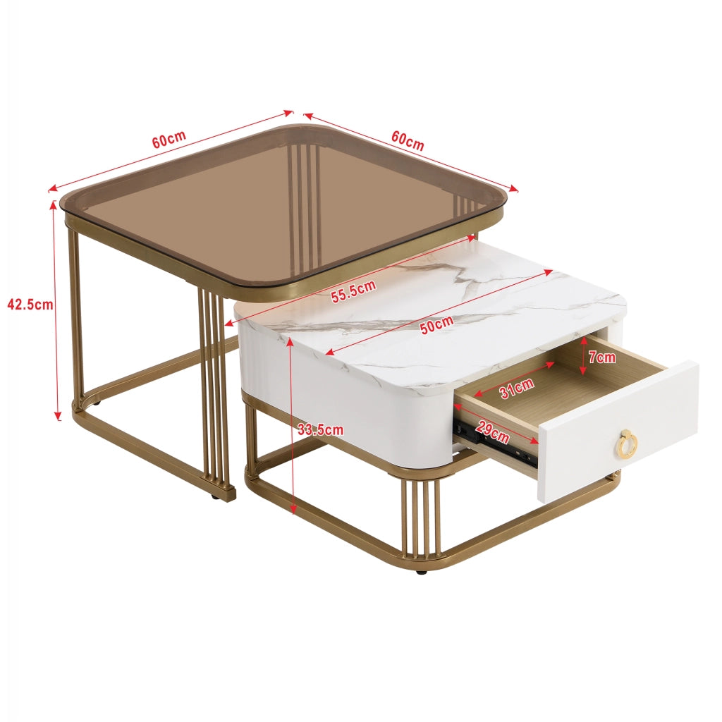 OKWISH Tavolini da Salotto Impilabili Quadrati con 1 Cassetto, Piano Effetto Marmo Lucido e Vetro, MDF, Bianco 60×60×42.5 cm