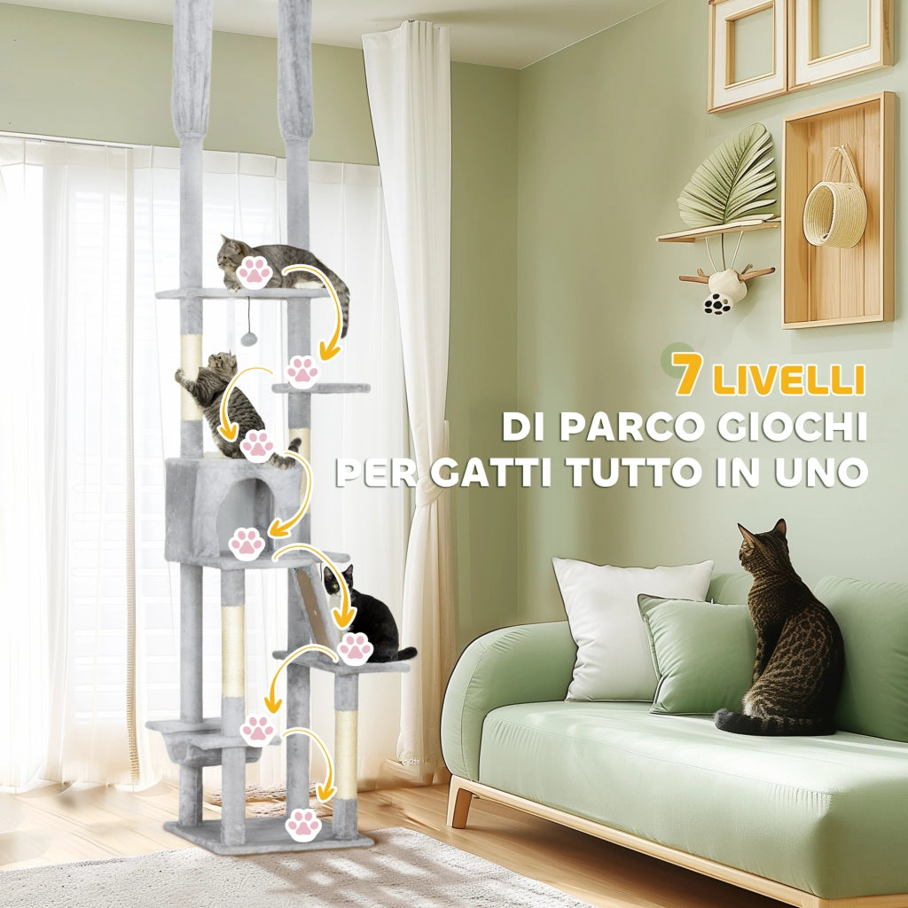 Albero Tiragraffi a Soffitto con Altezza Regolabile 225-255 cm con Casetta e Amaca in Peluche e Sisal Grigio Chiaro